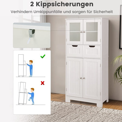 COSTWAY Badschrank mit 2 Schubladen und 4 Türen, Badezimmerschrank mit verstellbaren Regalen, Badkommode Aufbewahrungsschrank für Badezimmer, Küche, Wohnzimmer (Weiß)