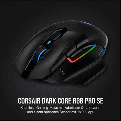 CORSAIR DARK CORE RGB PRO SE Wireless FPS/MOBA Gaming Maus Mit Qi Wireless Charging - 18.000 DPI - 8 Programmierbare Tasten - Sub-1ms - iCUE Kompatibel - PC, Mac, PS5, PS4, Xbox - Schwarz