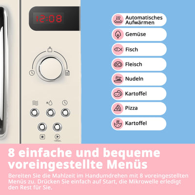 Comfee CMSRO 20 di cr Mikrowelle im Retro-Stil / Retro-Mikrowellenherd mit 8 Auto-Menüs, 5 Kochleistungsstufen, Express-Kochtaste,Express-Kochtaste, 20L, 800W, Apricot Cream