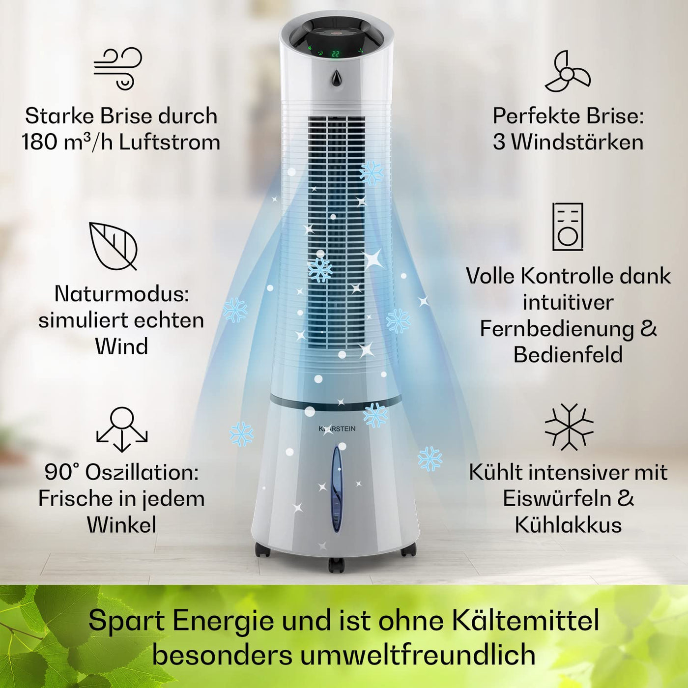 Klarstein Luftkühler mit Wasserkühlung, 5-in-1 Verdunstungskühler, Luftbefeuchter, Ventilator, Luftreiniger & Nachtmodus, Mobile Klimageräte Luftkühler 6L, 45 Watt Air Cooler, 180 m³/h Luftstrom