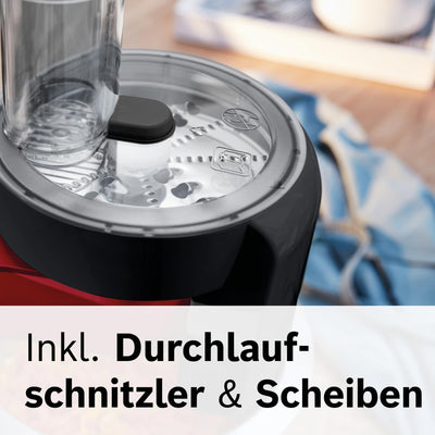 Bosch Hausgeräte Küchenmaschine MUM Serie 2 MUMS2ER01, Edelstahl-Schüssel 3,8 L, Planetenrührwerk, Knethaken, Schlag-, Rührbesen Edelstahl, Durchlaufschnitzler, 3 Scheiben, 700 W, rot