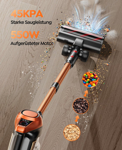 Fieety Akku Staubsauger Kabellos, 550W/45Kpa/60Min Staubsauger Super Leise, Aufrecht Akkusauger Kabellos mit LED-Anzeige/Sofabürste/Anti-Tangle-Bürste für Hartböden, Teppiche (Orange)