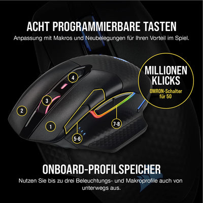 CORSAIR DARK CORE RGB PRO SE Wireless FPS/MOBA Gaming Maus Mit Qi Wireless Charging - 18.000 DPI - 8 Programmierbare Tasten - Sub-1ms - iCUE Kompatibel - PC, Mac, PS5, PS4, Xbox - Schwarz