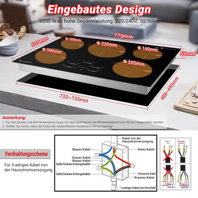 AMZCHEF Induktionskochfeld 80cm, Einbau Induktionskochplatte 5 Zonen mit Booster und 9 Stufen, Pausenfunktion, Warmhalten, Slider-Steuerung, Timer, Sicherheitsschloss, 9500W