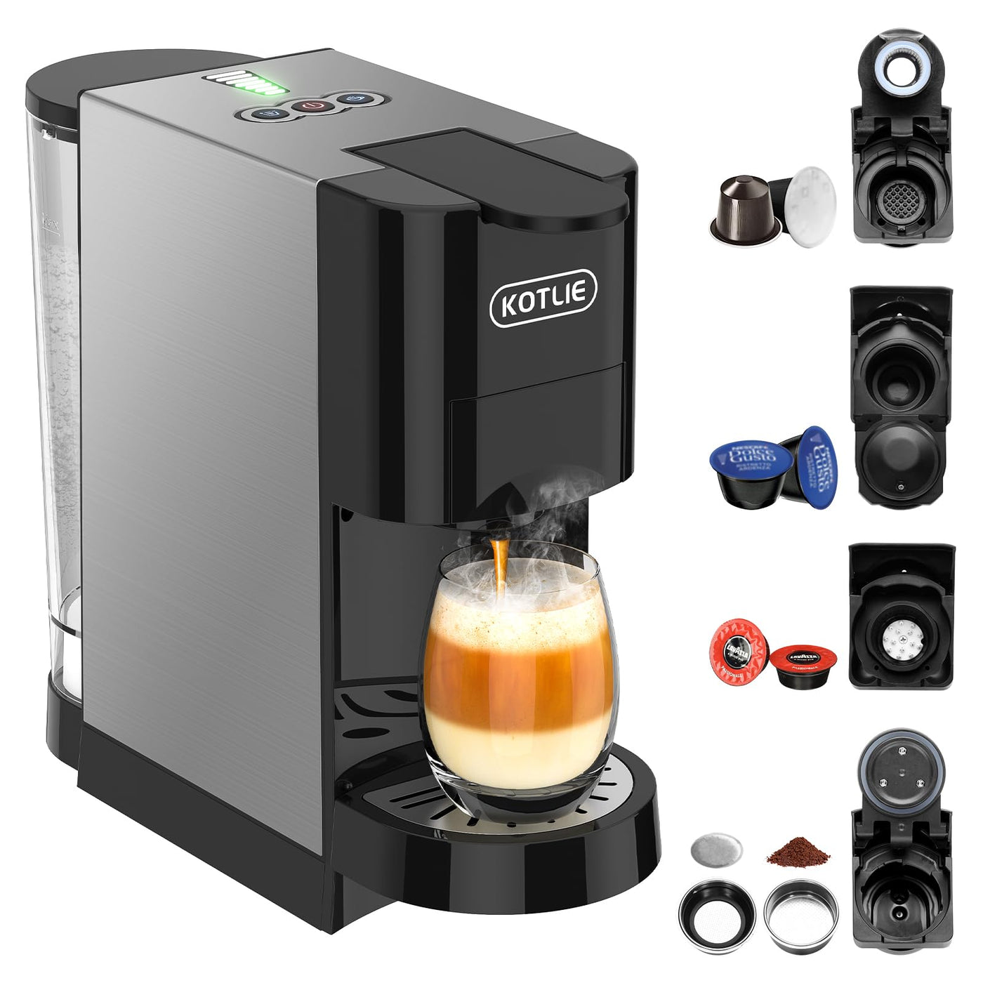 KOTLIE AC-513HF 5 in 1 Kaffeemaschine für Nespresso Original/Dolce Gusto/Lavazza a modo mio/Gemahlener Kaffee/ESE(44mm), Höhe für große Tassen (Schwarz)