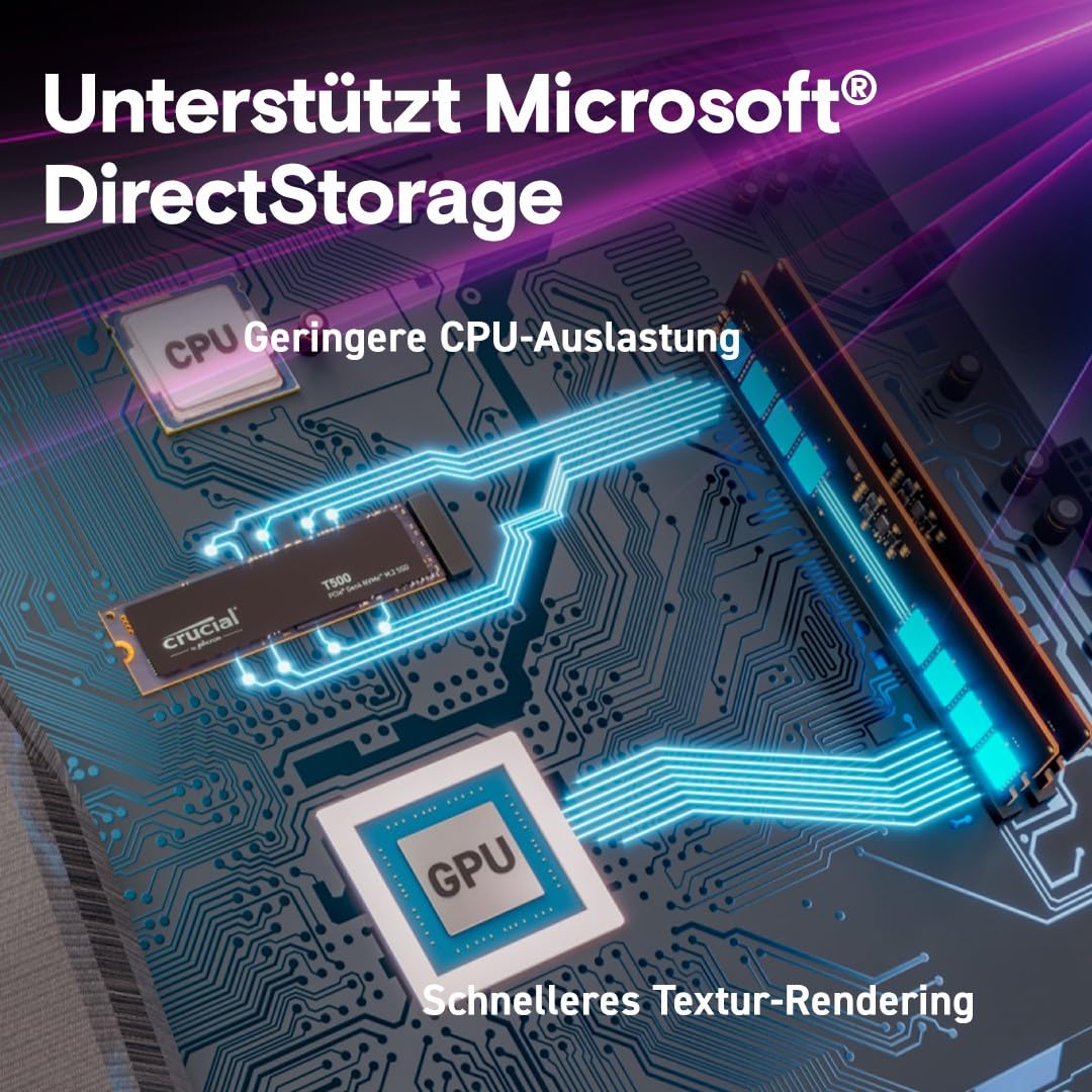 Crucial T500 SSD 2TB PCIe Gen4 NVMe M.2 Interne SSD, bis 7400 MB/s, TLC NAND, für Gaming und Programme, kompatibel mit Laptop und Desktop, Microsoft DirectStorage - CT2000T500SSD8