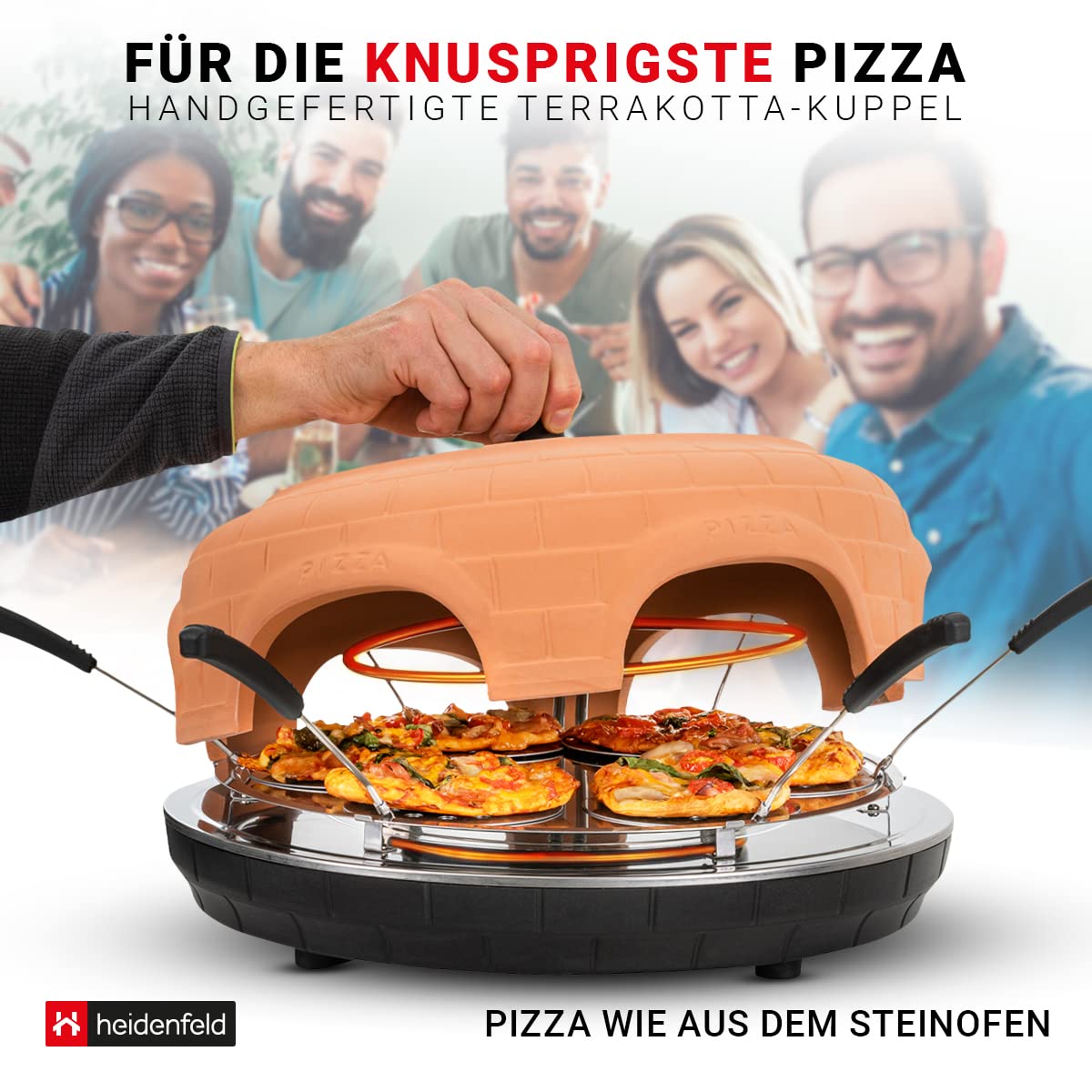 Heidenfeld Pizzaofen Pizzachef | Platz für 6 Personen - Elektrischer Pizza Ofen - 1100 Watt - Raclette Backofen mit Tonhaube - Pizzamaker inkl. Pizzaschaufeln - Stahlplatte mit Haltegriff (Terracotta)