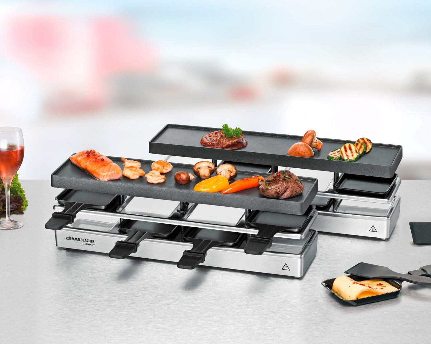 ROMMELSBACHER RC 1600 Raclette-Grill fun for 4+4 (Tischgrill, für 8 Personen, erweiterbar, Parkdeck, Alu-Druckguss-Grillplatte mit Xylan Plus Antihaftbeschichtung, 1460 W) silber