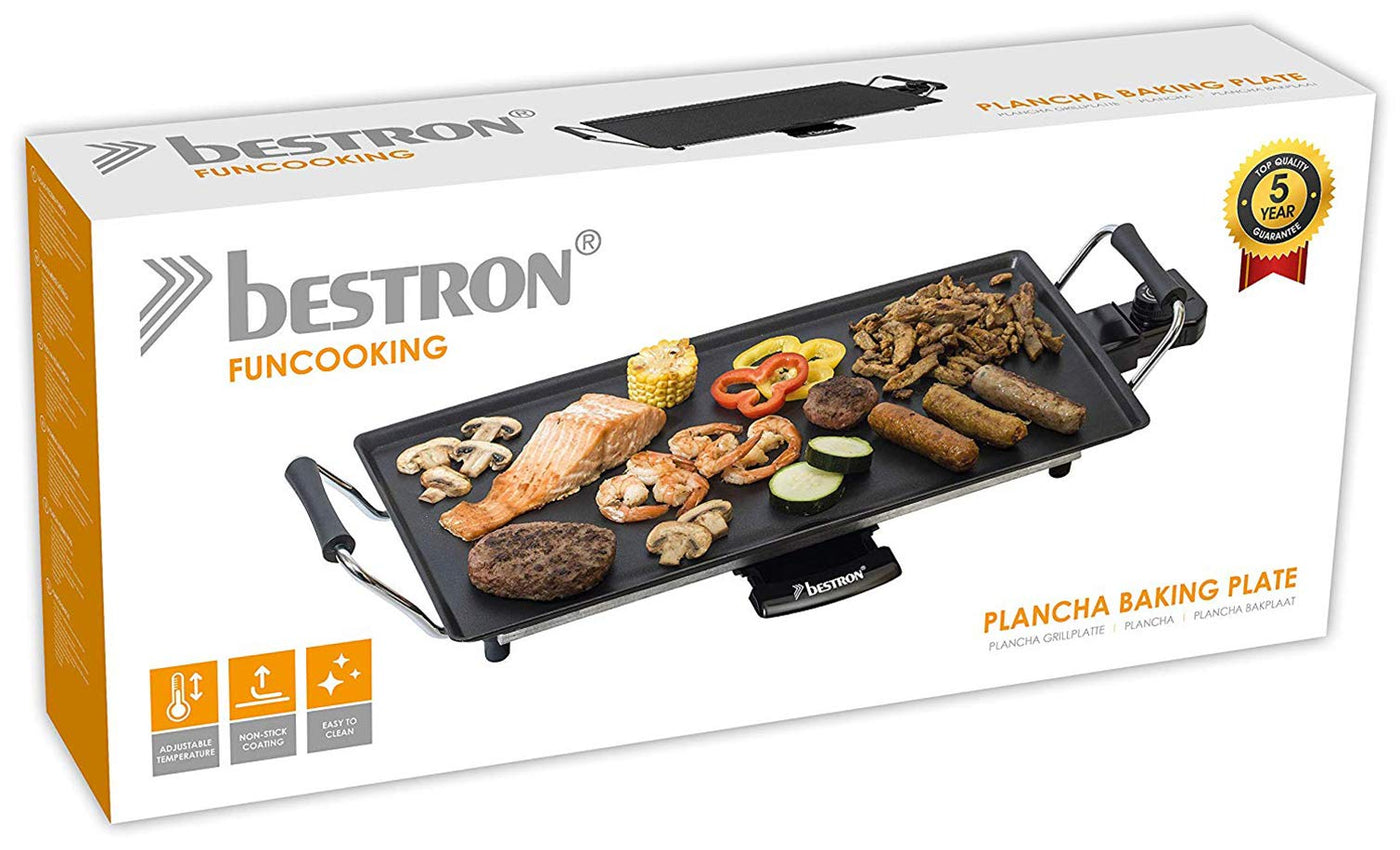 Bestron elektrischer Tischgrill, Plancha-/Teppanyaki-Grillplatte mit Antihaftbeschichtung, Grillspaß für bis zu 4 Personen, 2.000 Watt, Farbe; Schwarz, 47,5 x 25,5 cm