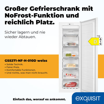 Exquisit Gefrierschrank NoFrost, Tiefkühlschrank groß, 194 Liter, Alarm-Funktion, 4-Sterne-Gefrieren, Schnellgefrieren, LED-Display, GS5271-NF-H-010D weiss