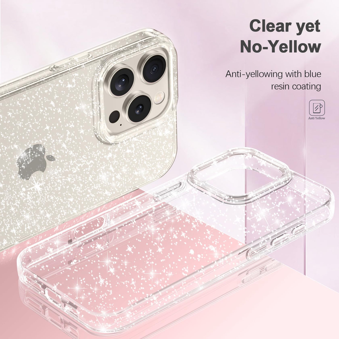 AROYI 5 in 1 Klar Glitzer Handyhülle Kompatibel mit iPhone 16 Pro Max Hülle Glitzer mit 2 Schutzfolie 2 Kameraschutz, Handyhülle iPhone 16 Pro Max Transparent Weiche TPU Silikon Case [Anti-Yellowing]