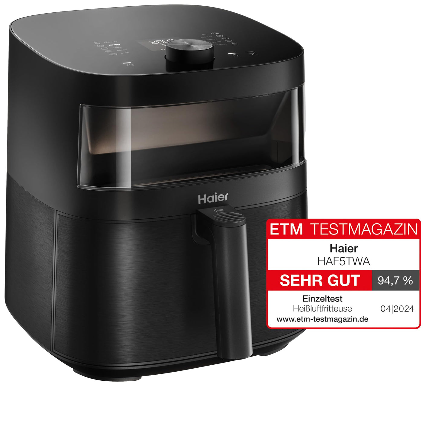 Haier Heißluftfritteuse mit Glasfenster I Airfryer mit 9 Programmen & 7 Liter Fassungsvermögen I 1700W Fryer mit LED Display I Fritteuse Heißluft ohne Fett I spülmaschinenfest [Serie 5 - HAF5TWA]