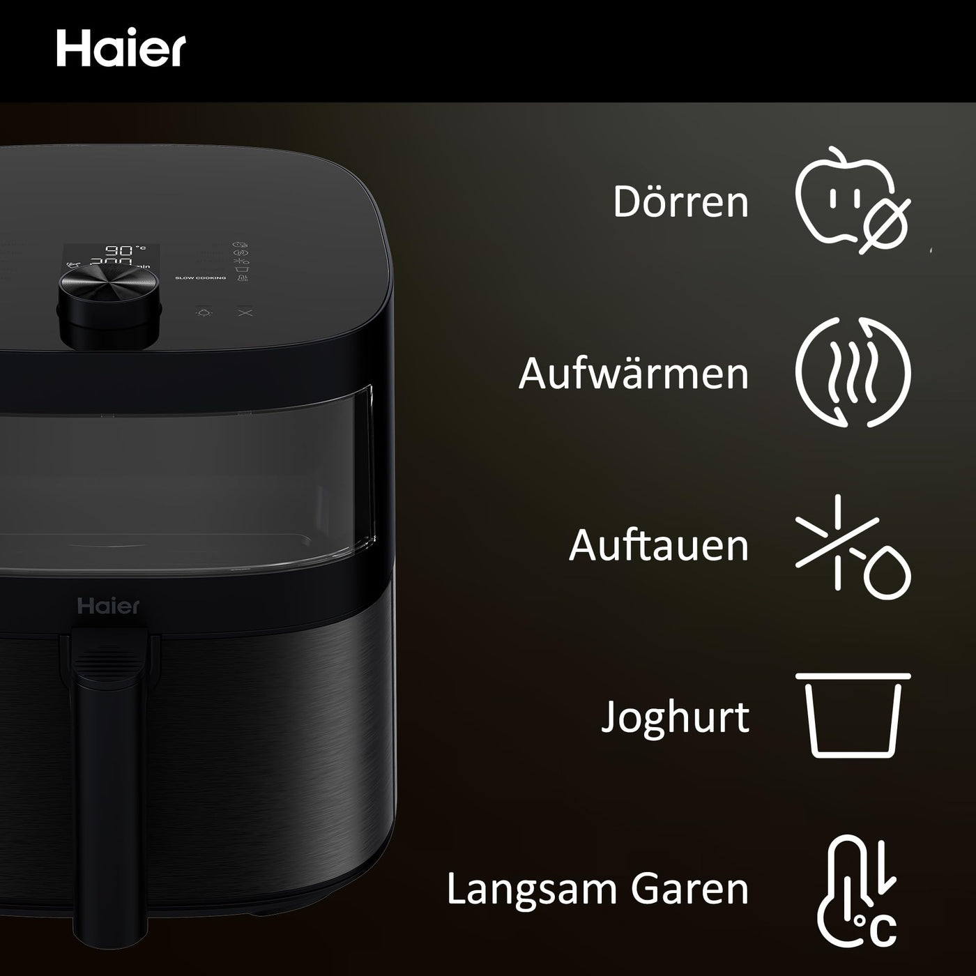 Haier Heißluftfritteuse mit Glasfenster I Airfryer mit 9 Programmen & 7 Liter Fassungsvermögen I 1700W Fryer mit LED Display I Fritteuse Heißluft ohne Fett I spülmaschinenfest [Serie 5 - HAF5TWA]