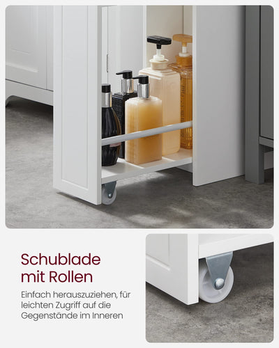 VASAGLE Badezimmerschrank klein, Badschrank schmal, Kleiner Schrank für Toilettenpapier, Toilettenschrank mit Schubladen, Aufbewahrungsschrank stehend, für kleine Räume, weiß BBC847P31