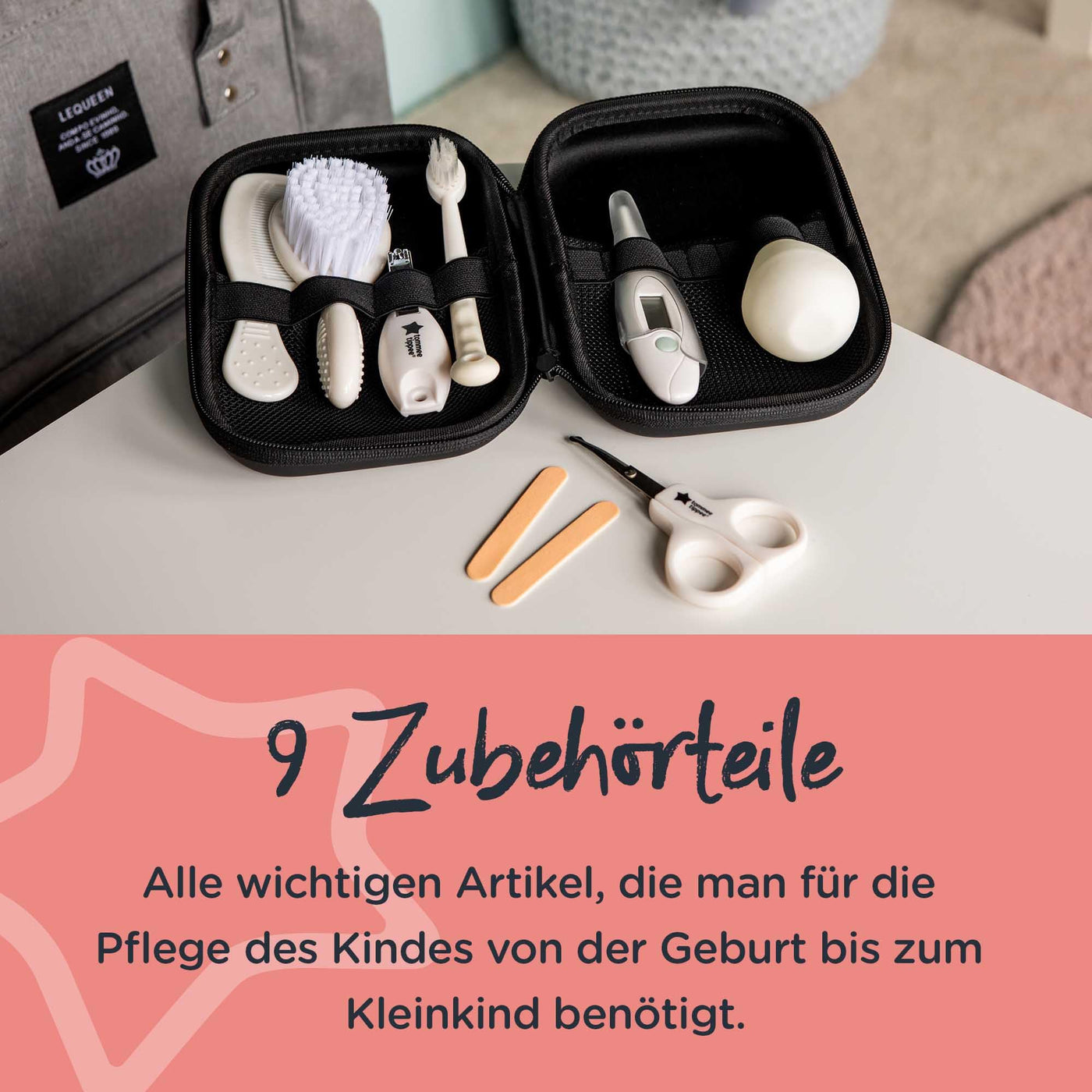 Tommee Tippee Baby-Pflegeset, 9x Essentielle Pflegeartikel für Neugeborene für zu Hause und Unterwegs, abwischbares und wasserdichtes Reiseetui (Design kann variiieren)