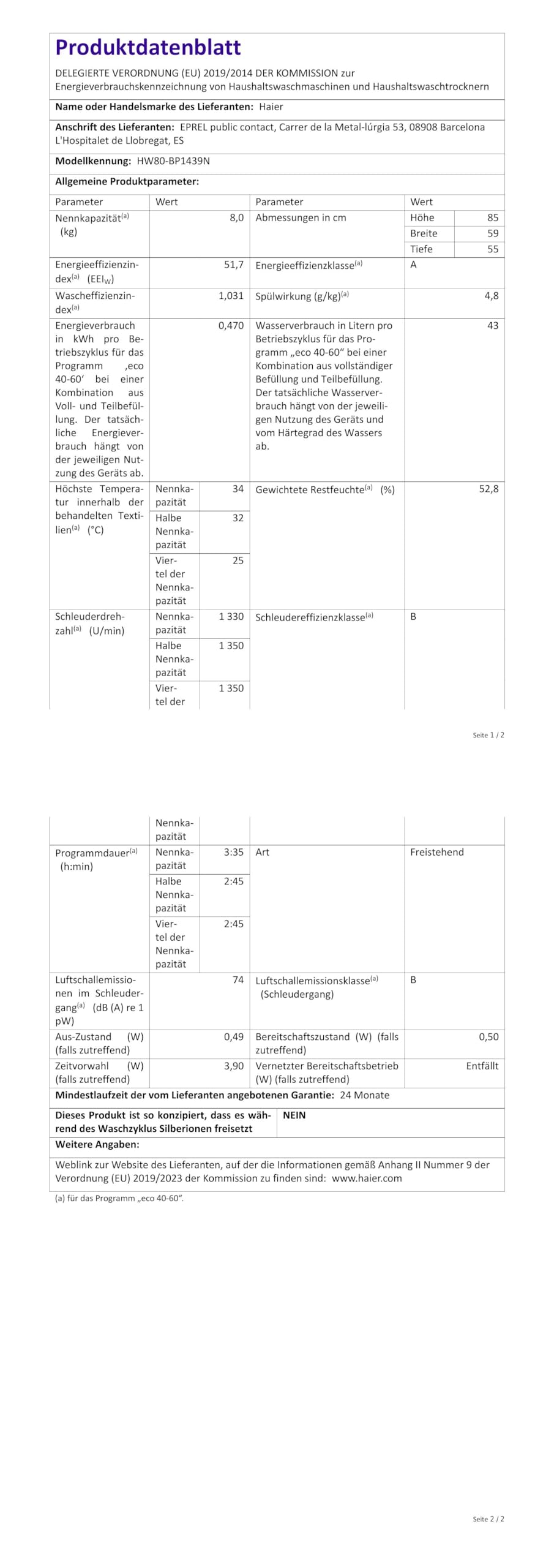 Haier HW80-BP1439N Waschmaschine / 8 kg / 1400 UpM / Inverter Motor / Dampf-Funktion / AquaProtect-Schlauch / ABT / Eco 40-60 Programm