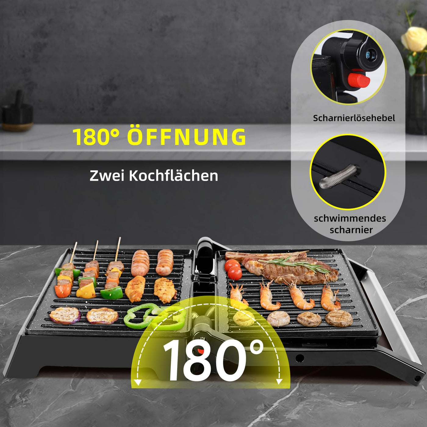 Aigostar Hett pro- Kontaktgrill für Sandwiches, Steak und als Panini Grill, Sandwichmaker mit Antihaftbeschichtung, 1500W Panini Grill mit Abnehmbare Ölsammelbox, 180º Öffnung.