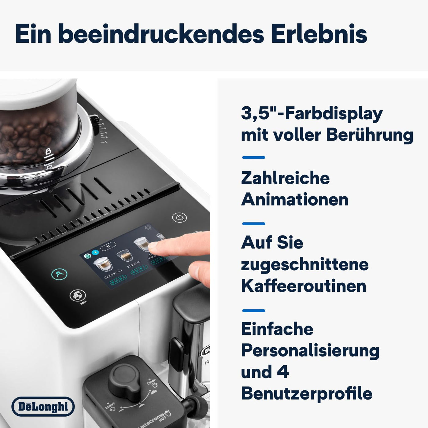 De'Longhi Rivelia EXAM440.55.W Kaffeevollautomat mit LatteCrema Milchsystem, Wechselbarer Bohnenbehälter, 16 Kaffee- & Milchgetränke auf Knopfdruck, Extra-Shot-Funktion, 3,5" Touch-Display, Weiß