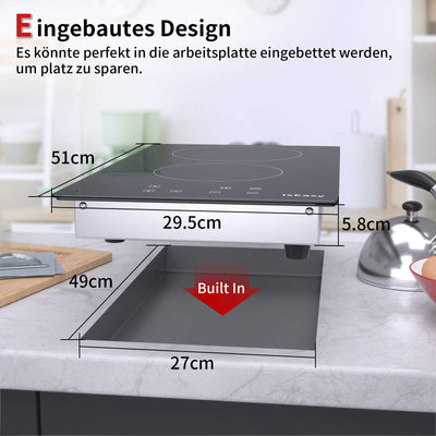 Domino Glaskeramikkochfeld, IsEasy Doppel Glaskeramik Kochfeld, 3000W, 29.5cm, 2 Kochzonen, Stecker, 9 Heizstufen, 1-99Min Timer, Berührungssteuerung, Automatische Abschaltung, Kindersicherung