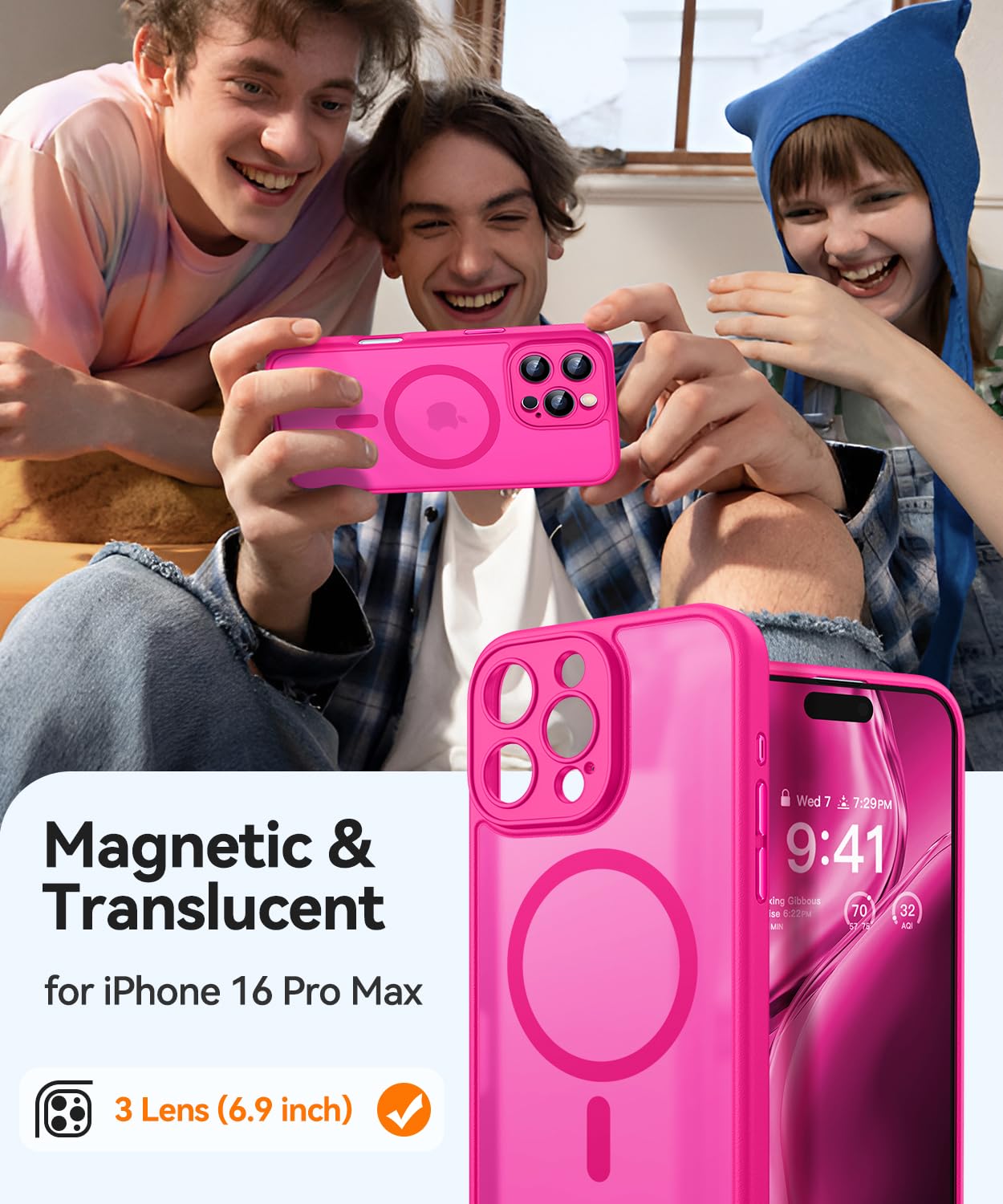 CANSHN für iPhone 16 Pro Max Hülle mit Kameraschutz für Magsafe (TOP Militärschutz & Magnetkraft) Extrem Haltbarkeit Hülle iPhone 16 Pro Max Case Stoßfest, Leuchtend Rosa