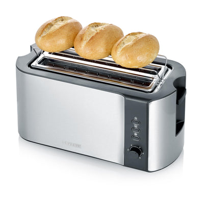 SEVERIN Automatik-Langschlitztoaster für 4 Toastscheiben, mit Brötchenaufsatz hochwertiger Edelstahl Toaster mit großen Röstkammern und 1.400 W Leistung, Edelstahl-gebürstet/schwarz, AT 2590