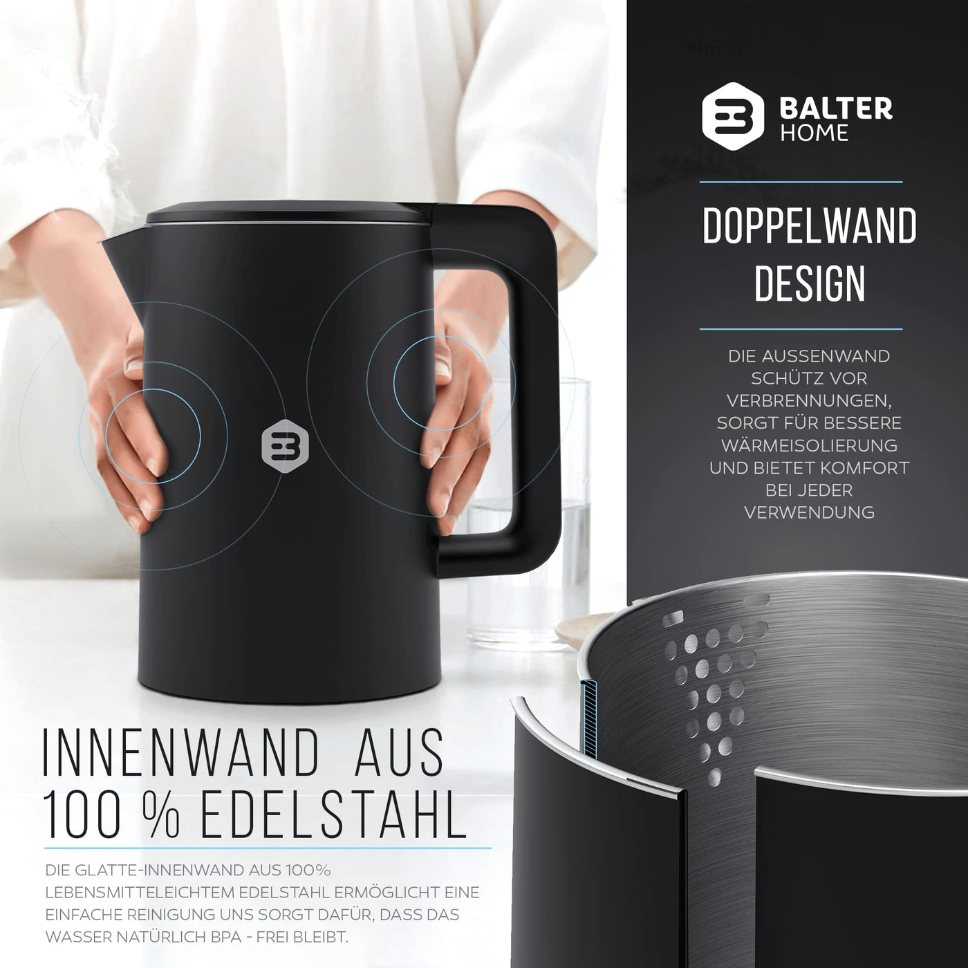 Balter Edelstahl Wasserkocher mit Temperatureinstellung, 40°C-100°C, Doppelwand, BPA frei, 1,7L, Schwaz, WK-4-Touch