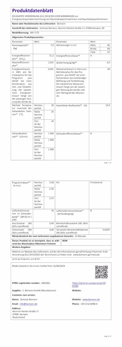 Bomann Waschmaschine 7kg | max. 1400 U/min | 10 Jahre Motor-Garantie | effizienter, leiser & langlebiger Invertermotor | 15 Programme | Endzeitvorwahl | Washing Machine WA 7175 titan - schwarz