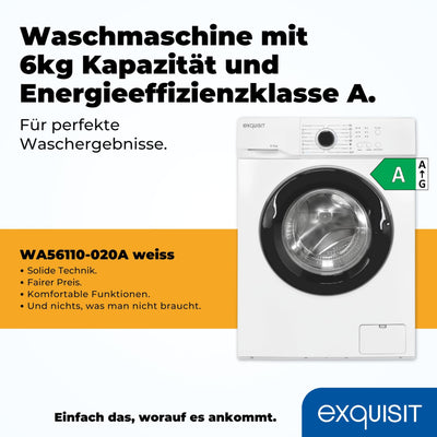 Exquisit Waschmaschine 6kg, Energieeffizienzklasse A, max. 1000 U/min, ECO 40-60, Kurzprogramm, Kindersicherung, 16 Waschprogramme, WA56110-020A weiss