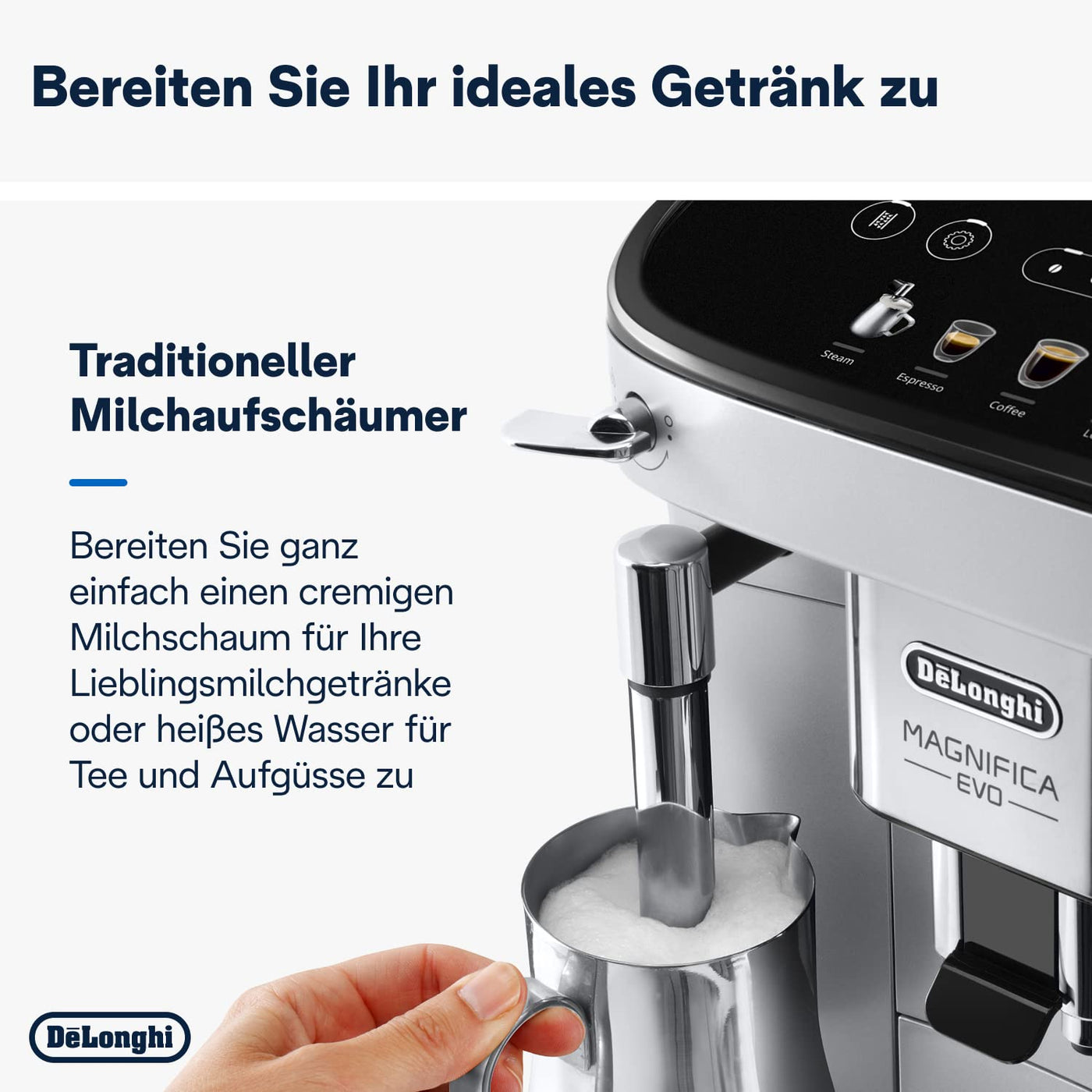 De'Longhi Magnifica Evo ECAM 292.33.SB Kaffeevollautomat mit Milchaufschäumdüse, 5 Direktwahltasten für Espresso,Kaffee und Kaffeespezialitäten, intuitives Bedienfeld,2-Tassen-Funktion,Silber/Schwarz