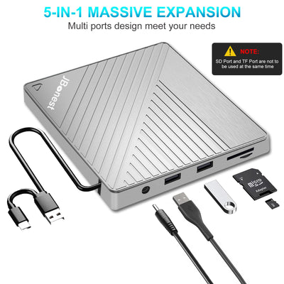 Externes CD DVD Laufwerk USB 3.0 Typ-C, Extern mit SD/TF-Kartenleser Portable RW Brenner,Schnelle Datenübertragung für Laptop,Desktop,MacBook,Win11/10/8/7/XP, Linux,Mac OS,Vista