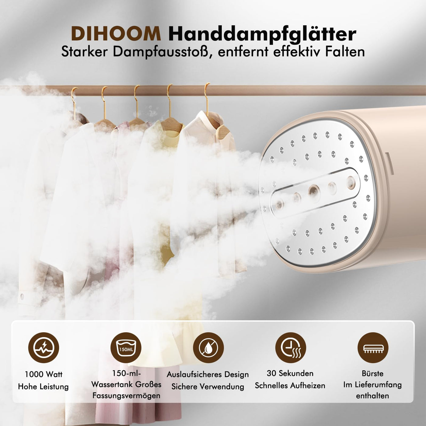 DIHOOM Dampfglätter, Tragbarer und Faltbarer Steamer Dampfglätter - 1000W，Schnell Aufheizender Automatischer Reise-Dampfglätter 150ML Tank, Geeignet für Reisen und den Heimgebrauch