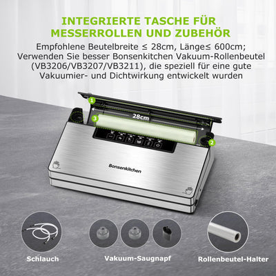 Bonsenkitchen Vakuumierer, Stark Vakuumiergerät mit 5 Modi, 8 L/Min, Globefish-Technologie für Kontinuierliches Arbeiten mit Hoher Geschwindigkeit, Schnelles Vakuum, Rollenaufbewahrung mit Cutter,125W