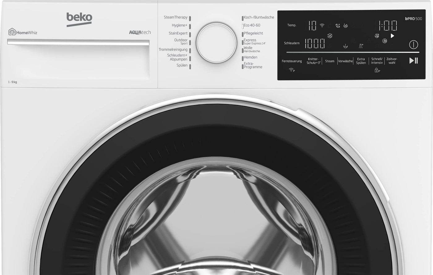 Beko B5WFU58418W bPRO 500 freistehende Waschmaschine, Waschvollautomat, 8 kg, AquaTech, Schleuderwahl, 1400 U/min, Bluetooth, Dampffunktion, Hygiene+ allergikergeeignet, Weiß