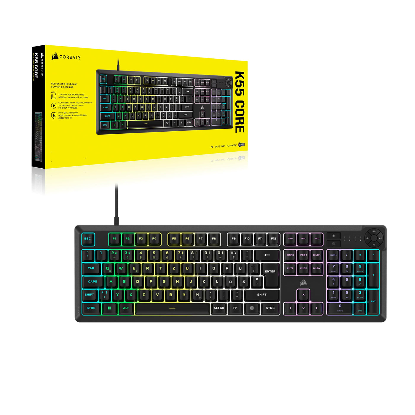 Corsair K55 CORE RGB Membran Kabelgebundene Gaming-Tastatur – Leise, Reaktionsschnelle Schalter – Spritzwasserschutz – Zehn-Zonen-RGB – Medientasten – iCUE-Kompatibel – QWERTZ DE – PC, Mac – Schwarz