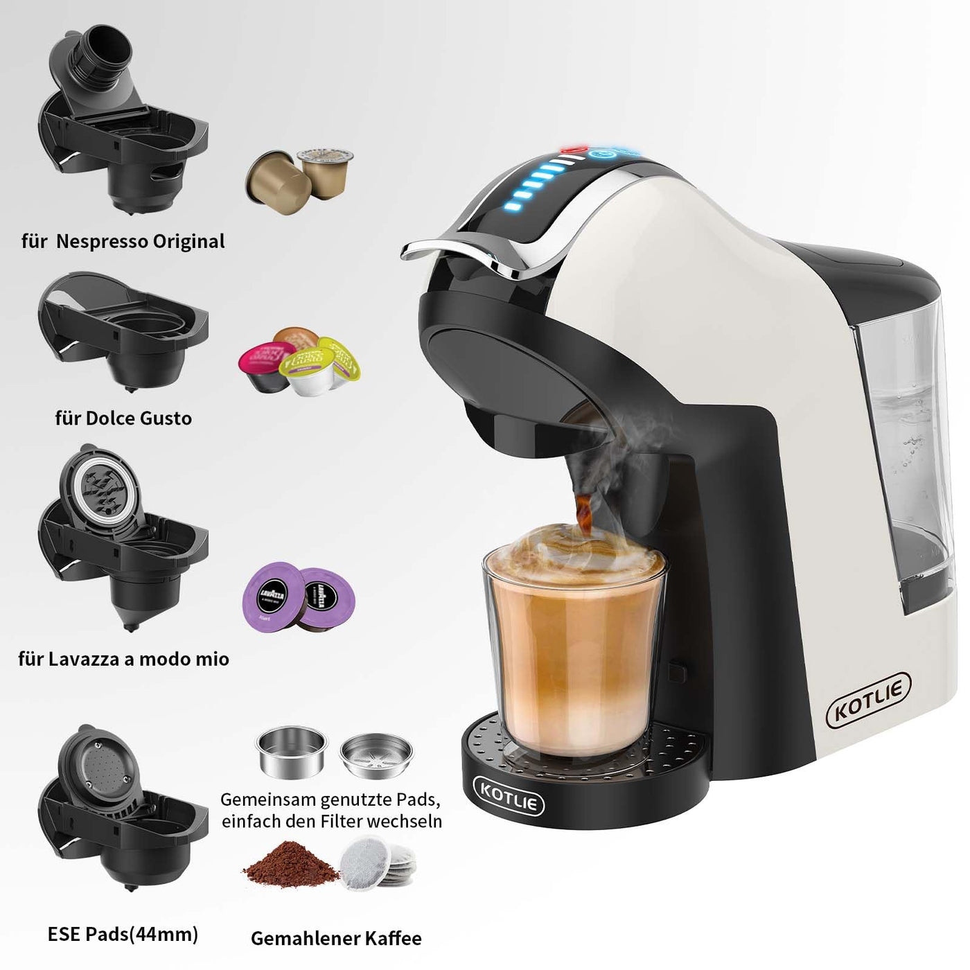 KOTLIE EM-308A 5 IN 1 COFFEE MACHINE 19 Bar 5in1 Multicapsule Espresso Kaffeemaschine für Nespresso/Dolce Gusto (weiß-u)