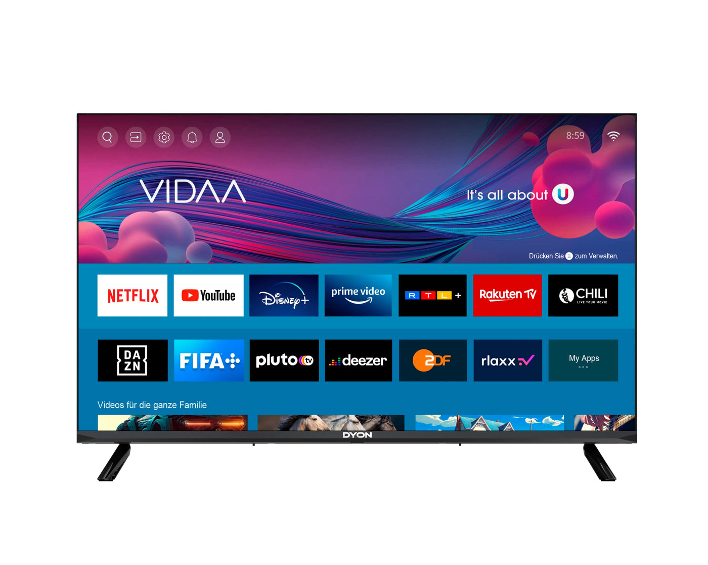 DYON Movie Smart 32 VX 80 cm (32 Zoll) Fernseher (HD Smart TV, HD Triple Tuner (DVB-C/-S2/-T2), App Store, Prime Video, Netflix, YouTube, DAZN, Disney+) [Mod. 2023]