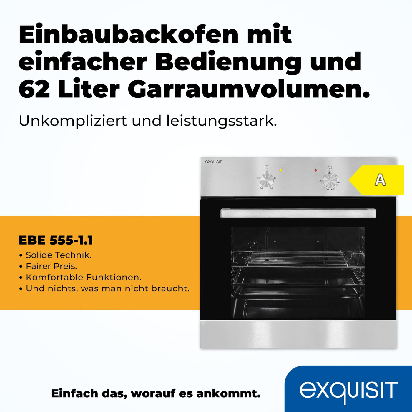 Exquisit Einbaubackofen, Backofen Einbaugerät Silber, 62 L Garraum, Einfache Bedienung, Backofen klein, EBE 555-1.1