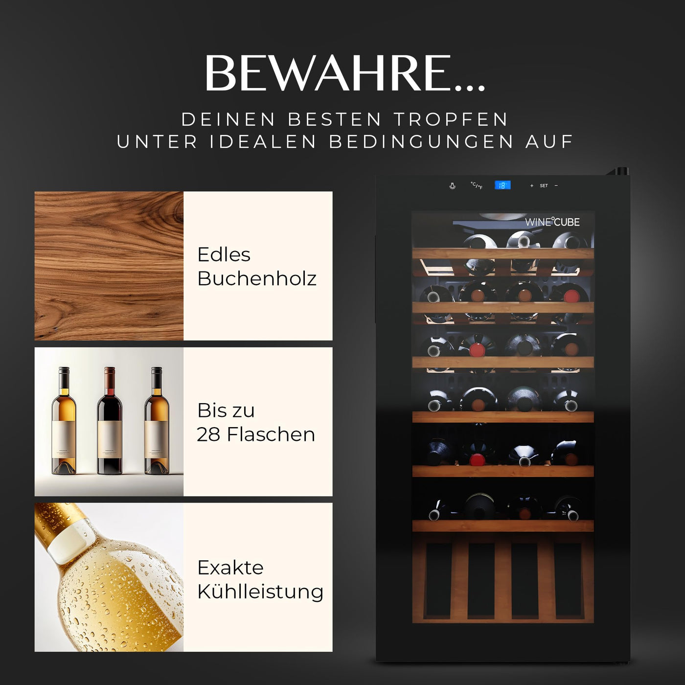 °CUBES Weinkühlschrank 28 Flaschen (90L) mit eleganter Glastür & hochwertigen Regalen aus Buchenholz | 5-18°C, vibrationsarm & leise (40dB) | Weinschrank mit LED Display - Tolles Geschenk