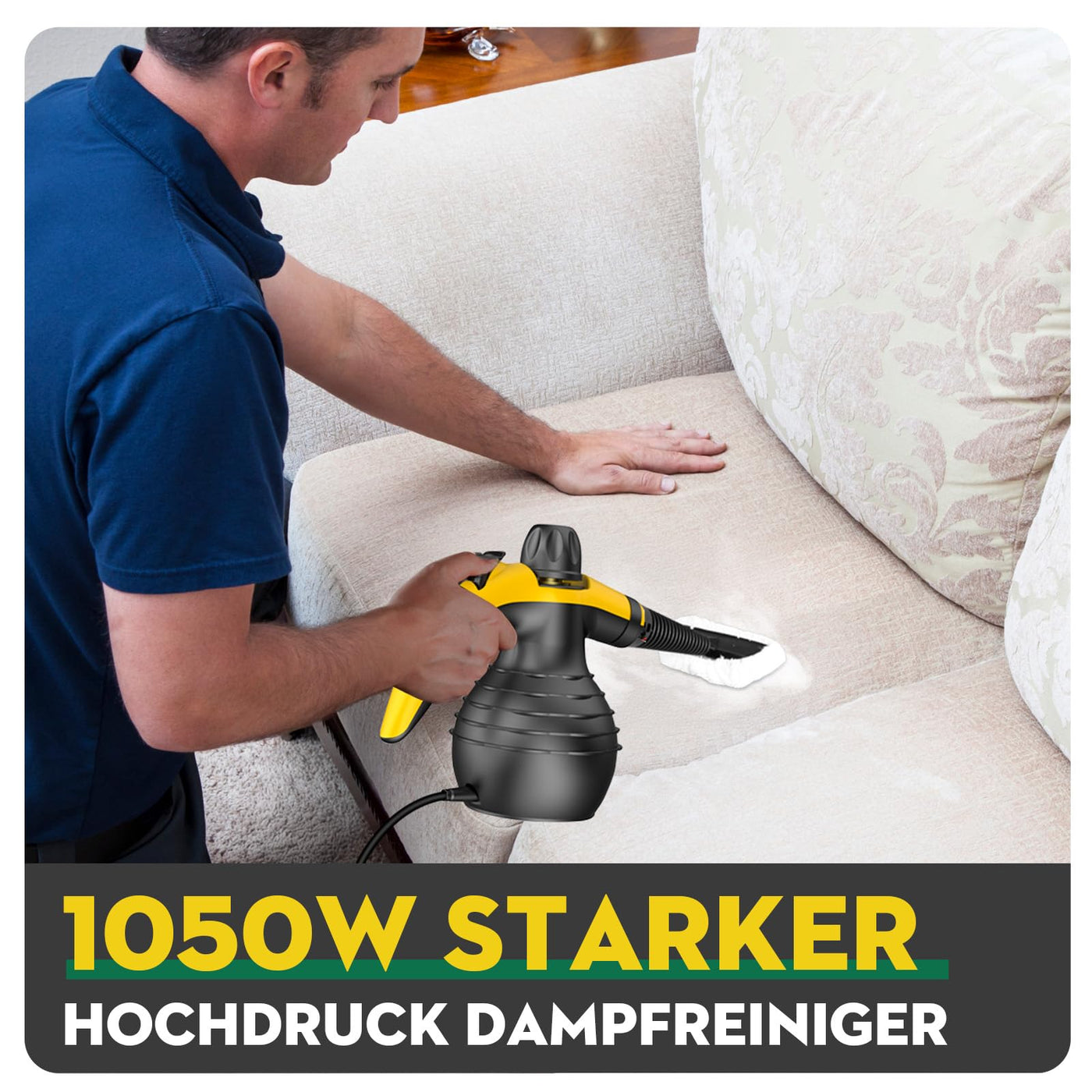 Dampfreiniger, 1050W Hochleistung Dampfreiniger Handgerät, Mit 9 speziellen Fleckenentfernungszubehörteilen, Ideal für Bodenreinigung, Auto, Bad, Dusche, Polstermöbel, Fenster und Fettabreinigung