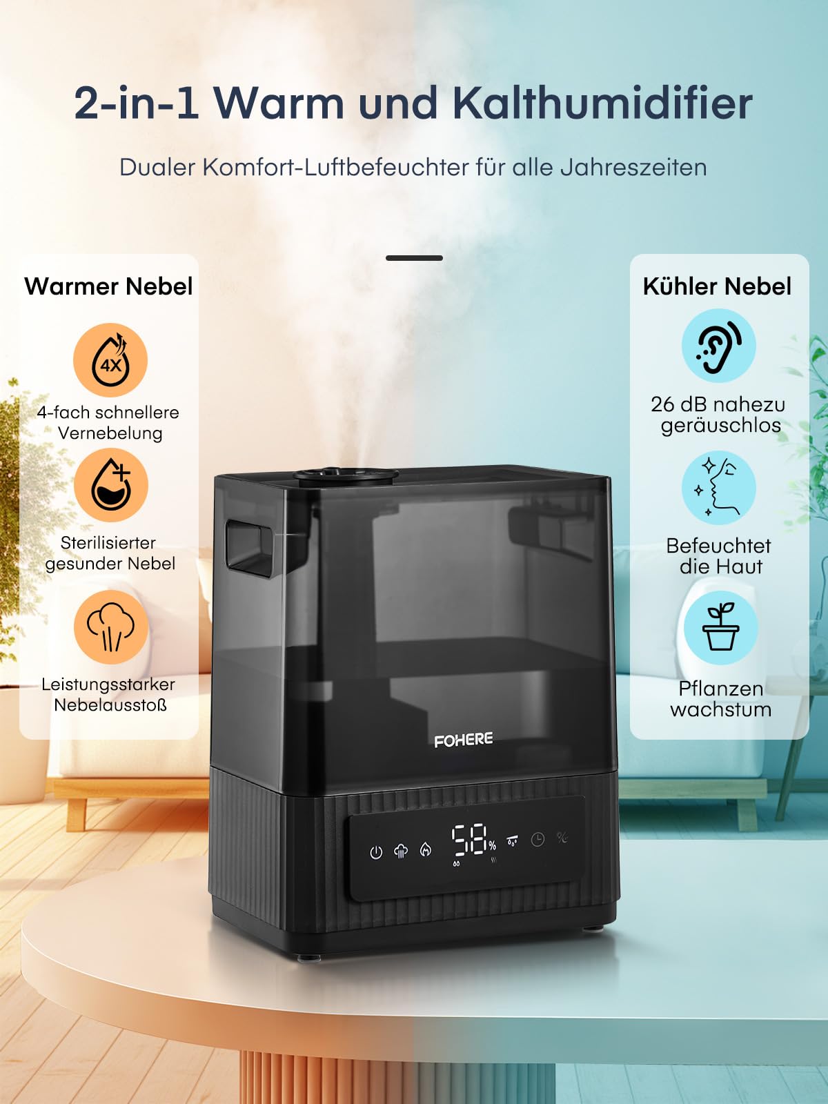 FOHERE 6L Warm- und Kaltnebel Luftbefeuchter für Zuhause, Top-Fill Ultraschall Luftbefeuchter für Pflanzen, Babys, Kinder, Öl-Diffusor, Schlafmodus, Timer, leise, schwarz