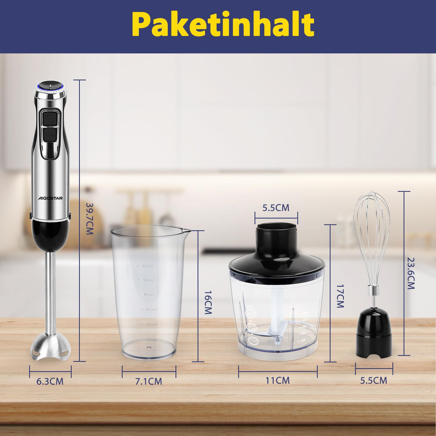 Aigostar Buckle - Stabmixer Set 4 in 1, Pürierstab Edelstahl 1000 W, Rührstab mit 6 Geschwindigkeiten, Zauberstab Mixer mit 600ml Messbecher, 500ml Lebensmittelhacker, 1 Schneebesen.