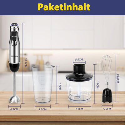 Aigostar Buckle - Stabmixer Set 4 in 1, Pürierstab Edelstahl 1000 W, Rührstab mit 6 Geschwindigkeiten, Zauberstab Mixer mit 600ml Messbecher, 500ml Lebensmittelhacker, 1 Schneebesen.