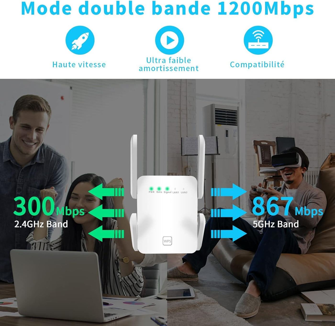 1200M WLAN Repeater,Ultraxtended WiFi Verstärker mit LAN anschluss Access Point,WPS 1-Tippen Einrichten,AP Modus,Kompatibel mit Alexa und Standard-Routern(867 MBit/s 5G + 300 MBit/s 2,4G).