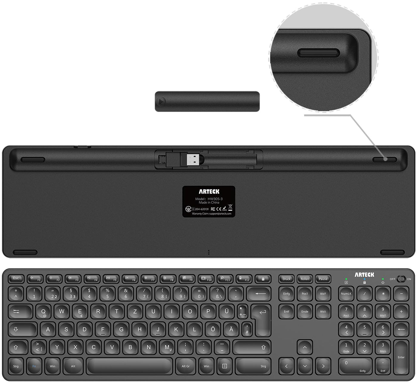 Arteck 2.4G Kabellose Tastatur und Maus kombination Ultra dünne Full Size Tastatur Tastatur und ergonomische Maus für Desktop-PC und Laptop mit Windows 11/10/8/7 Eingebauter Akku mit USB-C Ladestecker