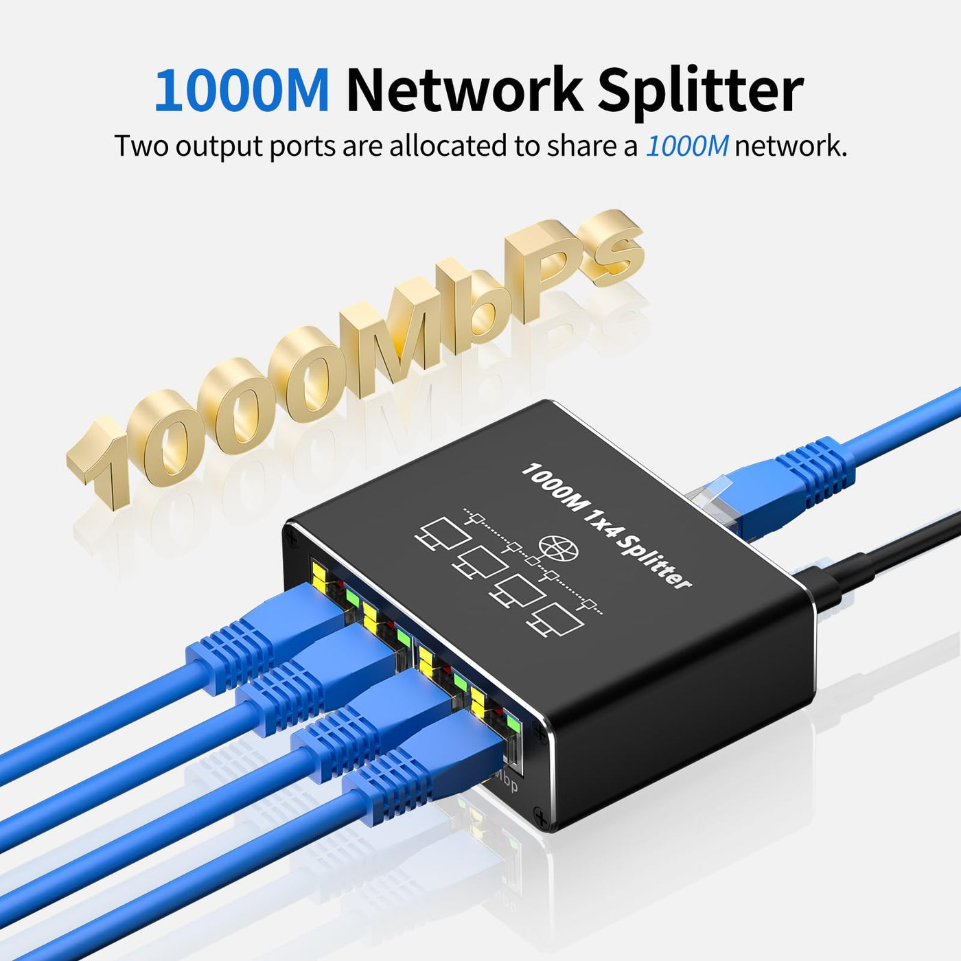 AOUZEA LAN Splitter 1 auf 4 1000Mbps Ethernet Splitter LAN Switch 4 Port Mit USB-C Stromkabel Netzstecker Gigabit Switch für Computer, Hub, Netzwerk Switch, Router, Set-Top Box, Digital TV