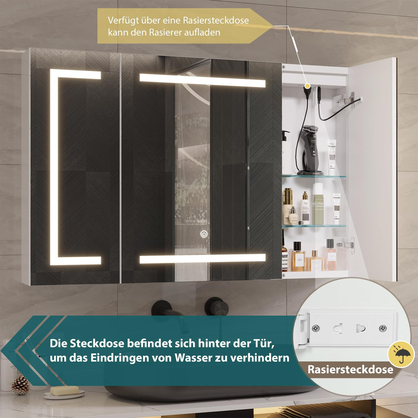 DICTAC Spiegelschrank Bad mit LED Beleuchtung und Steckdose 100x60x13.5 cm Metall Bad Spiegelschrank mit licht Badschrank mit Spiegel und Regale,3 Farbtemperatur dimmbare,Berührung Sensorschalter,Weiß