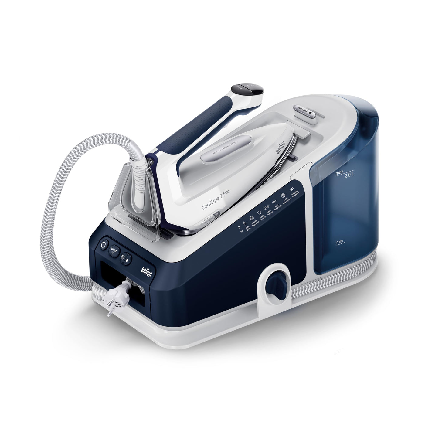 Braun CareStyle 7 Pro Dampfbügelstation IS 7282 BL – Dampfbügeleisen mit FreeGlide 3D Bügelsohle, iCare-Funktion, abnehmbarer 2 L Wassertank, Dampfstoß 600 g/min, 2700 Watt, Blau/Weiß