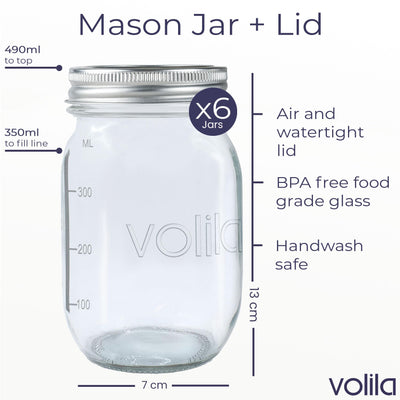 volila Mason Jar mit Deckeln - 490 ml Mehrzweck-Einmachgläser für Overnight Oats, Einlegen, Einmachen, Konservieren und Mahlzeitenvorbereitung - Luftdichte Einweckgläser (6er Pack - Normaler Deckel)