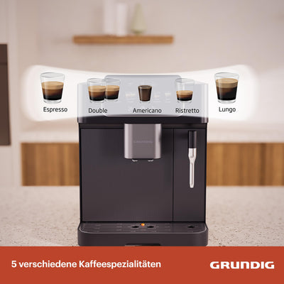 GRUNDIG KVA 6230 Kaffeevollautomat mit Milchaufschäumdüse, Edelstahlmahlwerk mit 13 Mahlgraden, 250 g Bohnenbehälter, 2 Liter abnehmbarer Wassertank, 19 Bar Pumpendruck, Touch-Display, Schwarz