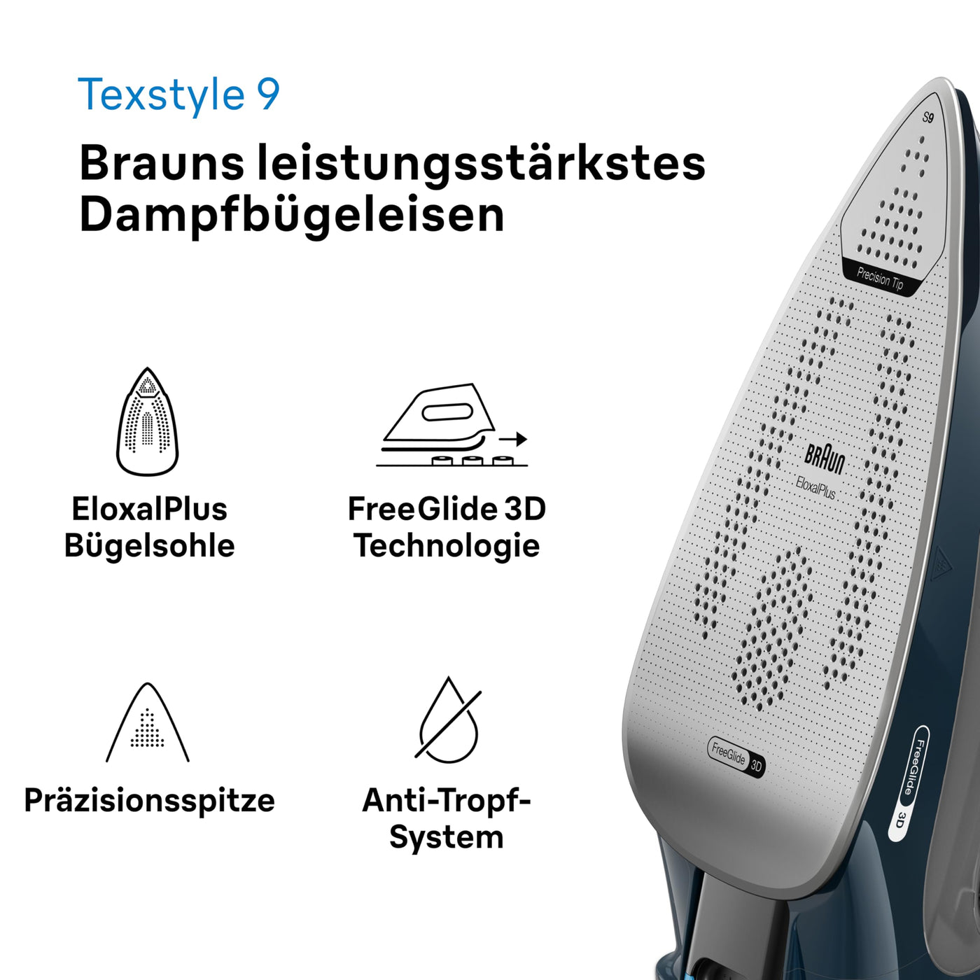 Braun TexStyle 9 SI9682 DB Dampfbügeleisen mit FreeGlide 3D Technologie, Vertikaldampf, Anti-Tropf-Funktion, Selbstreinigungsfunktion, 330 ml Einfüllöffnung, 260 g/min, 3200W, Dunkelblau